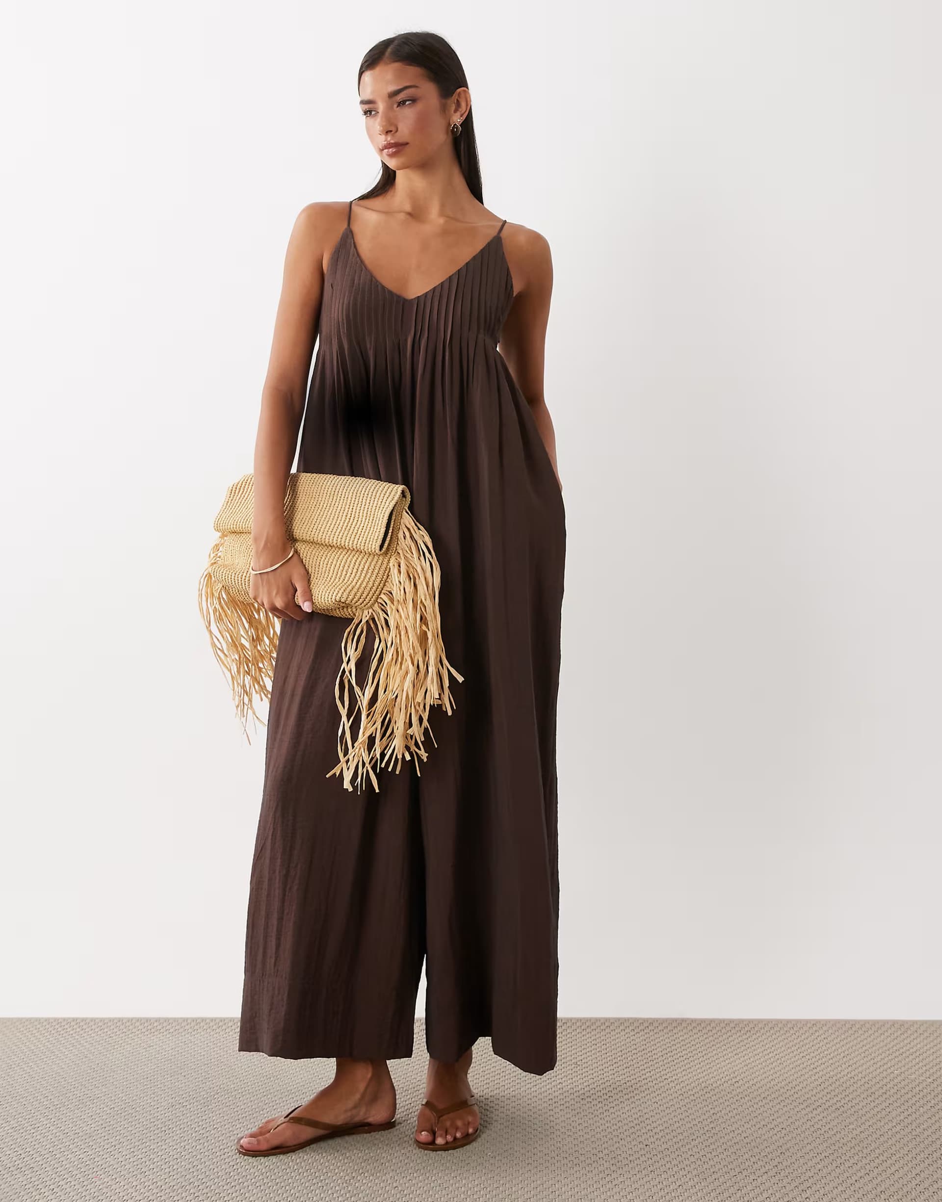 ASOS ASOS DESIGN wide leg jumpsuit with pintuck detail in chocolate