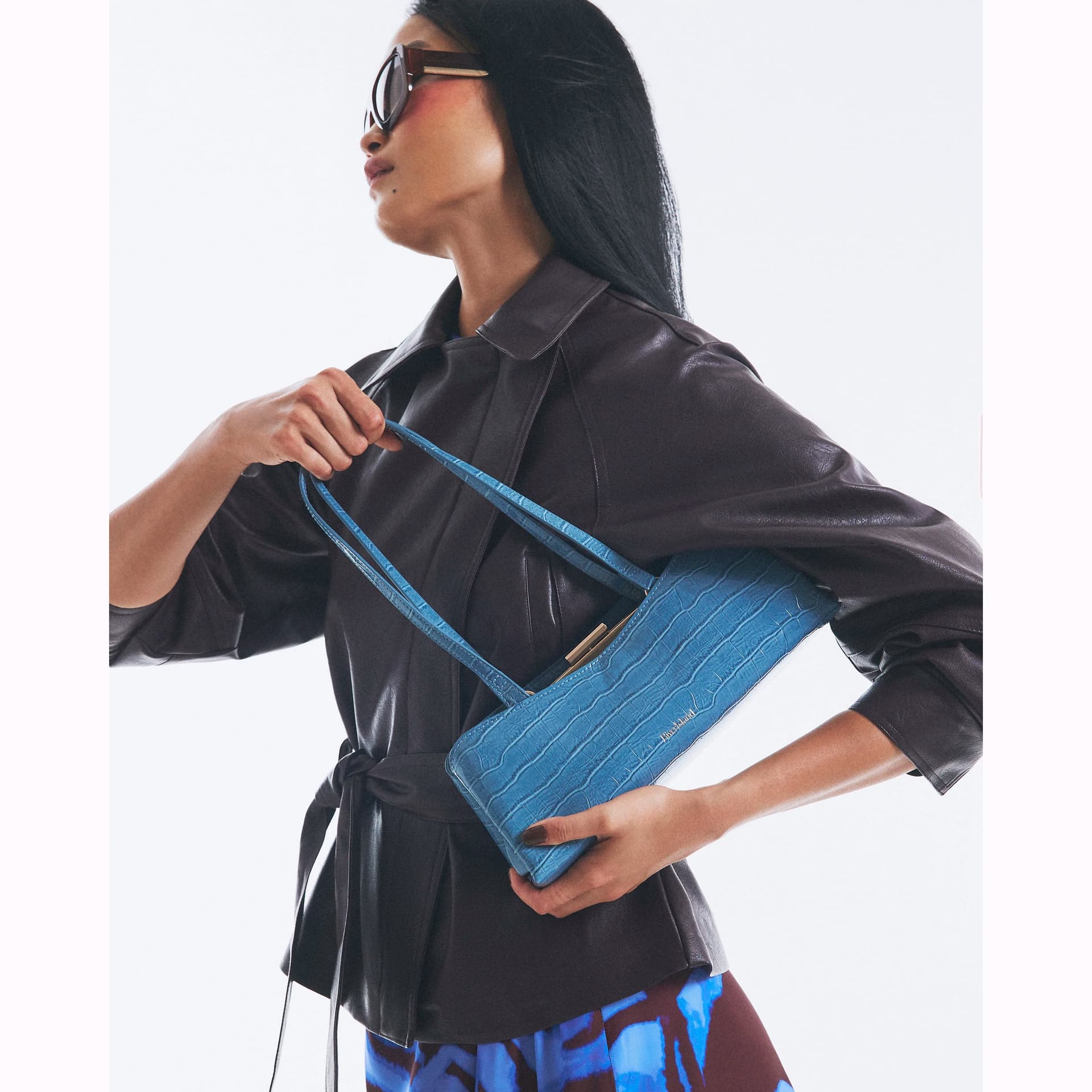 River Island River Island Womens Blue Croc Print Metal Frame Shoulder Bag