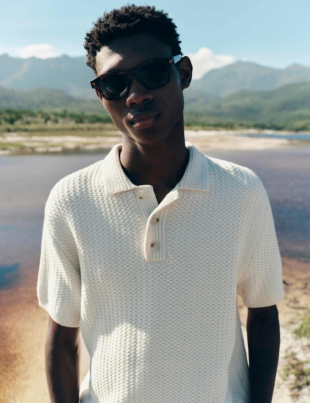 Marks & Spencer M&S Pure Cotton Textured Knitted Polo Shirt Ecru - 1