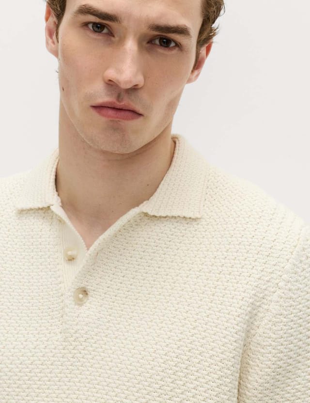 Marks & Spencer M&S Pure Cotton Textured Knitted Polo Shirt Ecru - 2