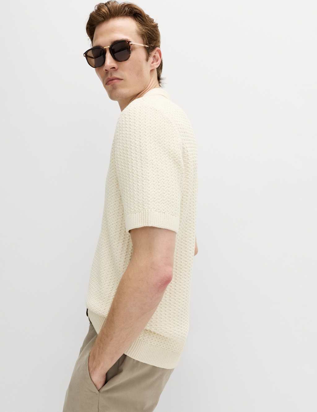 Marks & Spencer M&S Pure Cotton Textured Knitted Polo Shirt Ecru - 3