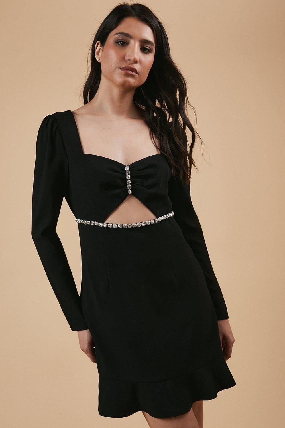 Oasis Oasis Women's Petite Occasion Crepe Diamante Trim Cut Out Mini Dress in Black