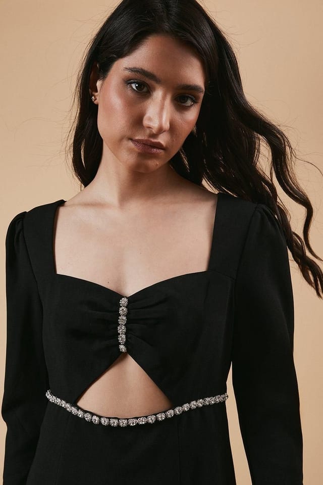 Oasis Oasis Women's Petite Occasion Crepe Diamante Trim Cut Out Mini Dress in Black - 2
