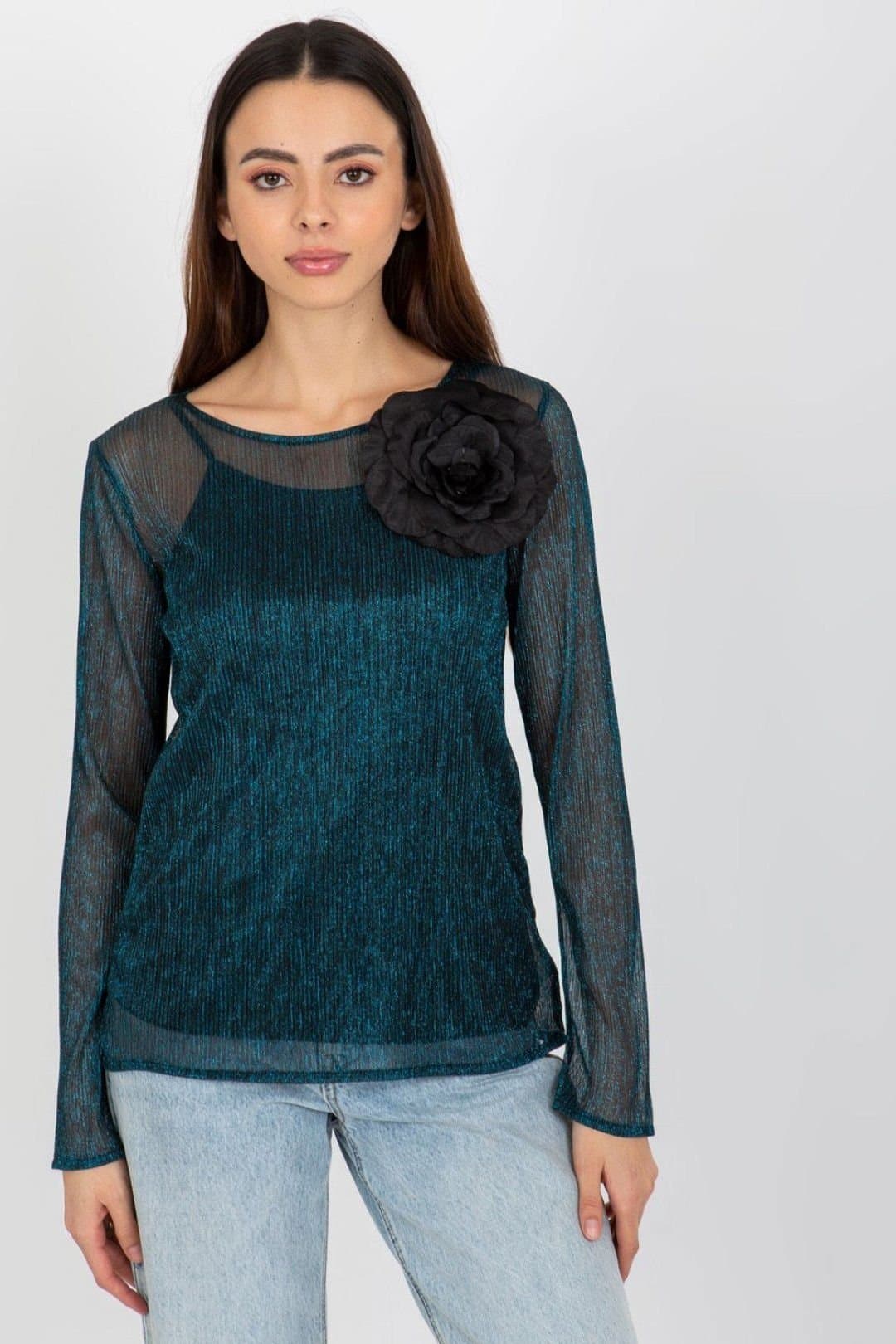 Love Lace Love Lace Women's Long Sleeve Flower Brooch Two Piece Blouse in Green