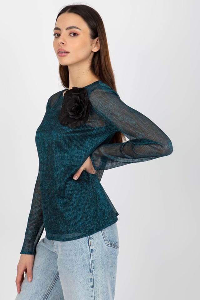 Love Lace Love Lace Women's Long Sleeve Flower Brooch Two Piece Blouse in Green - 2