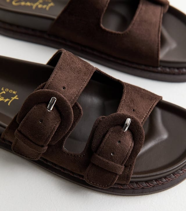 New Look Women's Dark Brown Faux Suede Double Buckled Strap Sandals Vegan New Look - 3