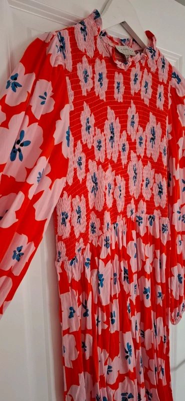 Never Fully Dressed Never fully dressed shirred floral dress hot red orange pink floral midi tomato - 1