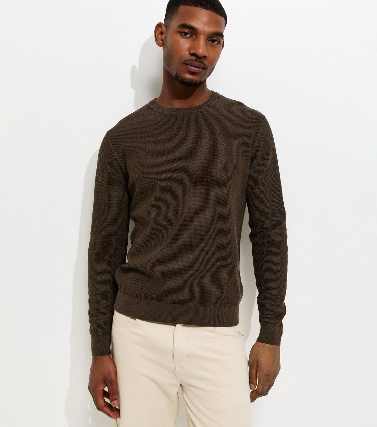 New Look Men's Dark Brown Regular Cotton Rich Crew Neck Jumper New Look - 4