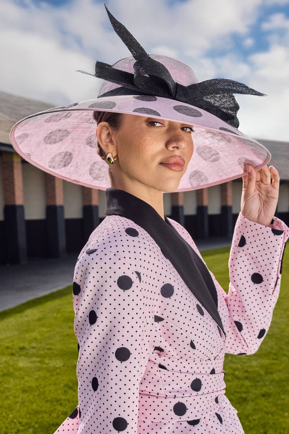 Coast Coast Women's Lisa Tan Bow Wide Brim Hat With Printed Spot in Pink - 2