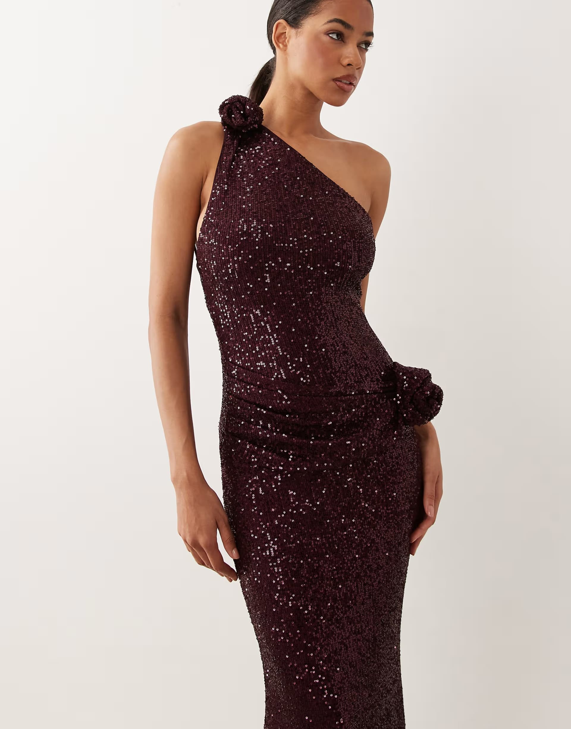 ASOS ASOS DESIGN one shoulder sheet sequin midi dress with swirled corsage details in berry