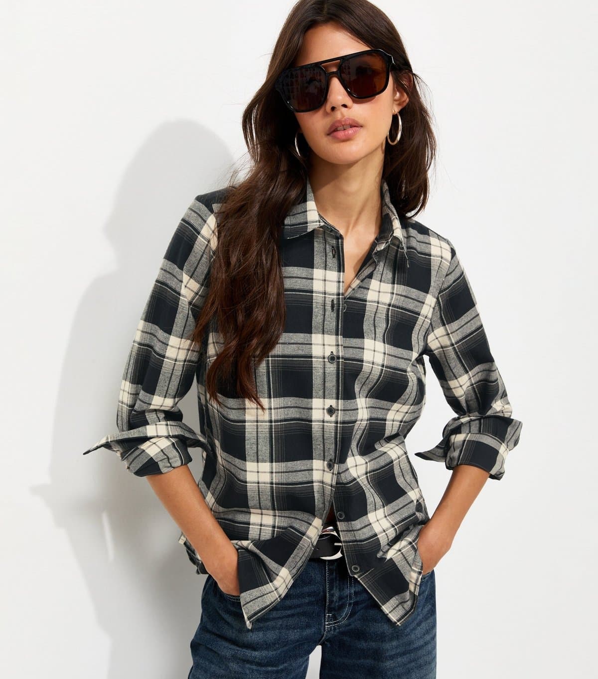 New Look Women's Black Cotton Monochrome Check Long Sleeve Shirt New Look