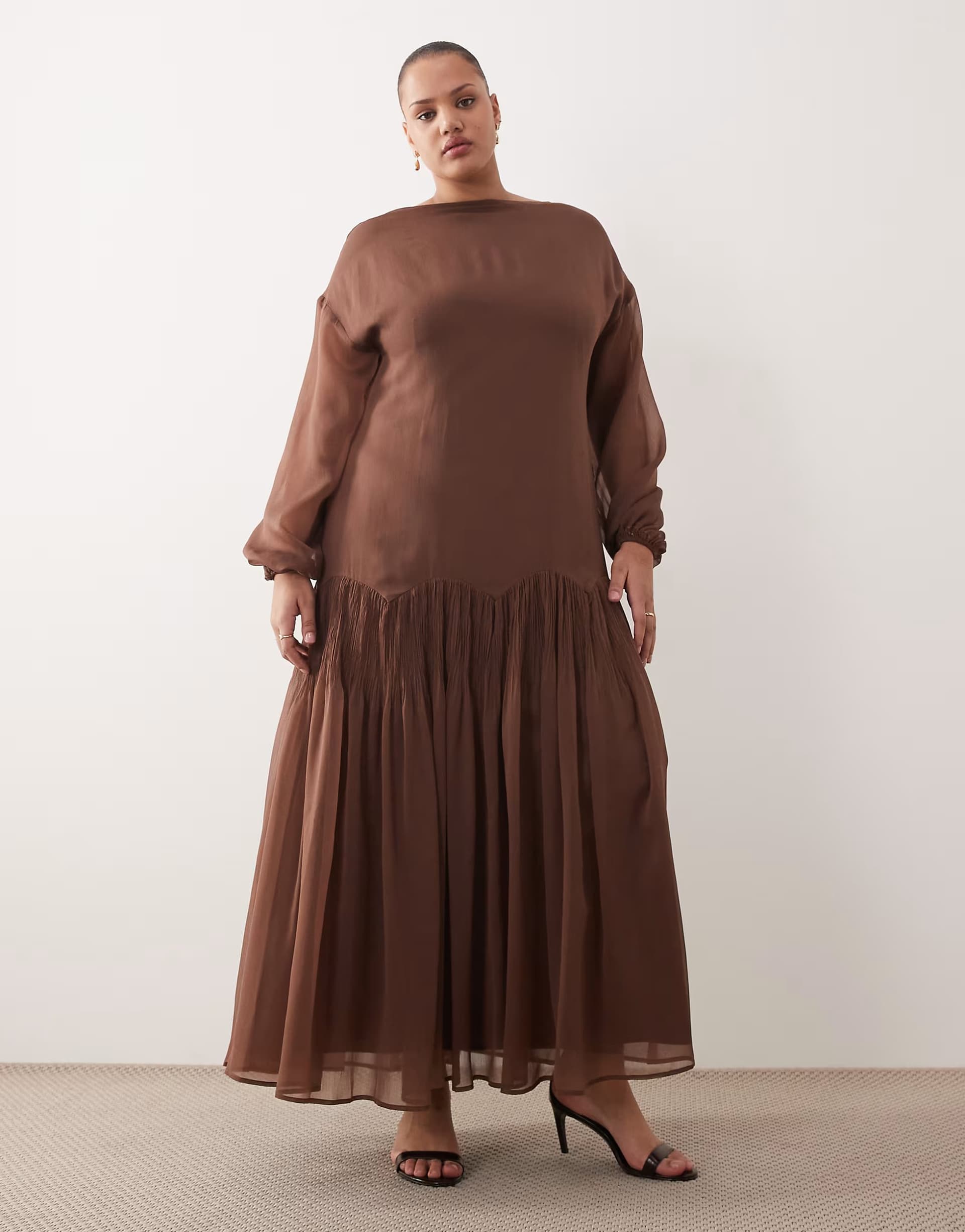 ASOS ASOS DESIGN Curve slash neck chiffon godet maxi dress in chocolate