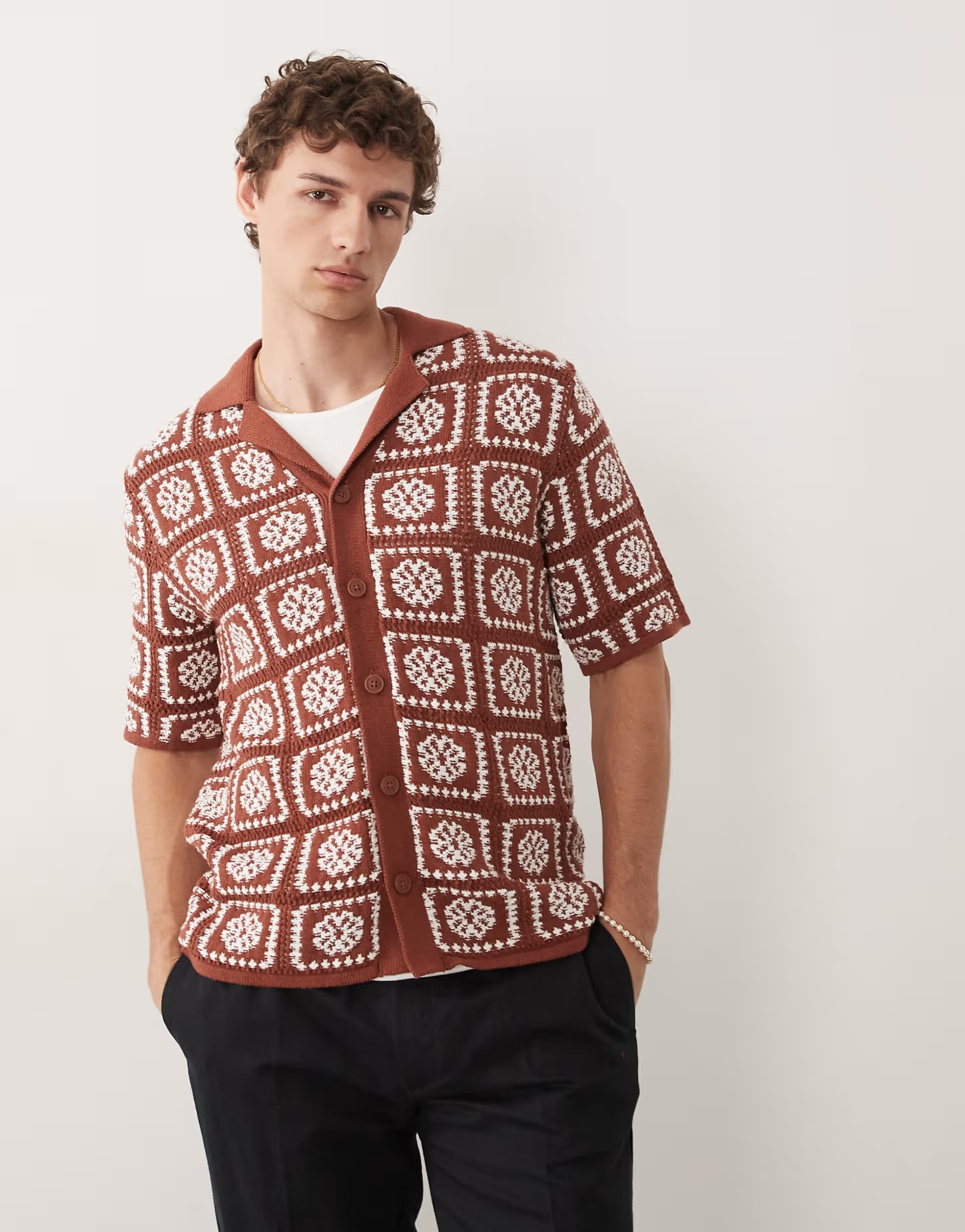 ASOS ONLY & SONS crochet shirt in rust brown with cream floral detail