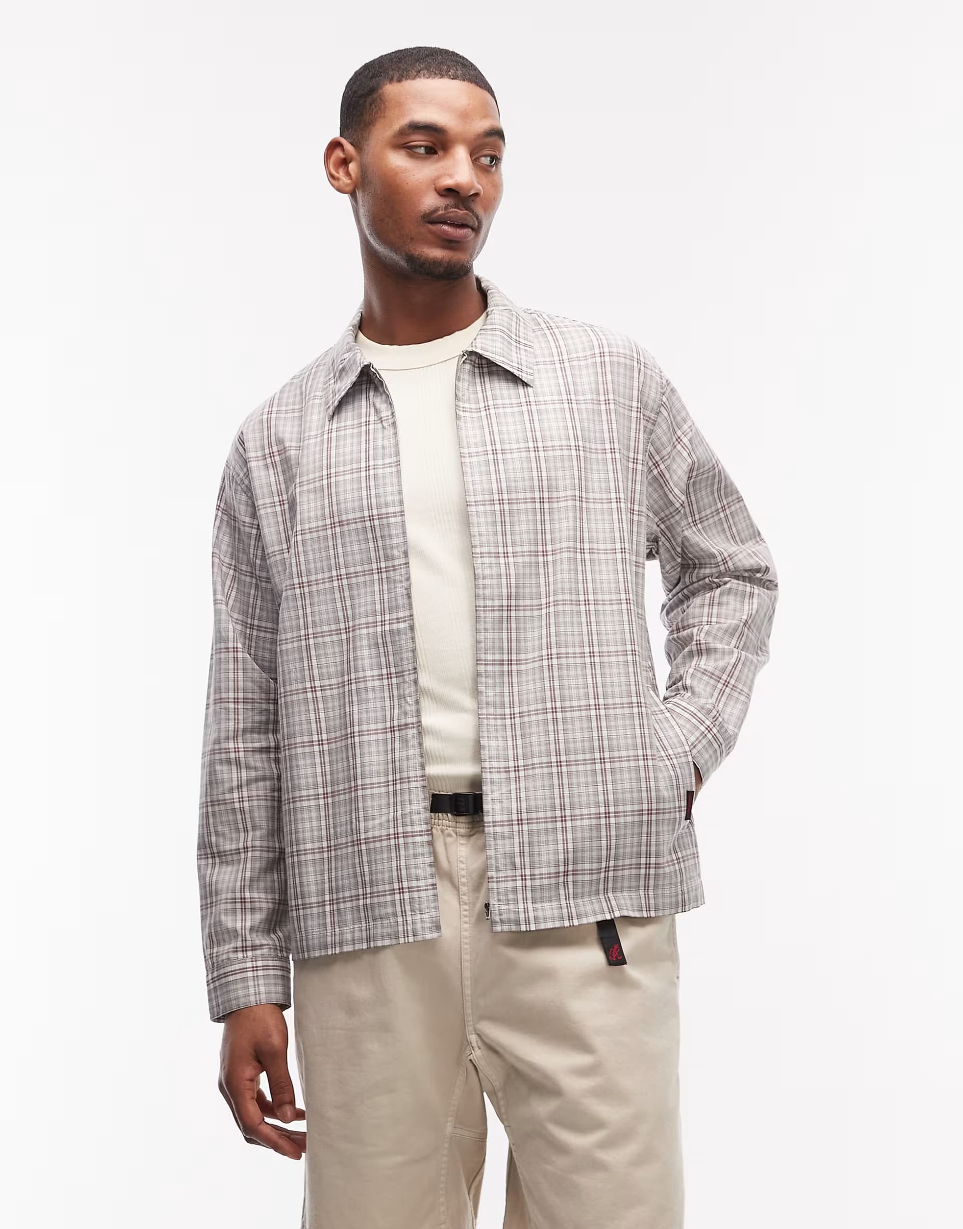 ASOS Gramicci zip up checkered garage jacket in natural