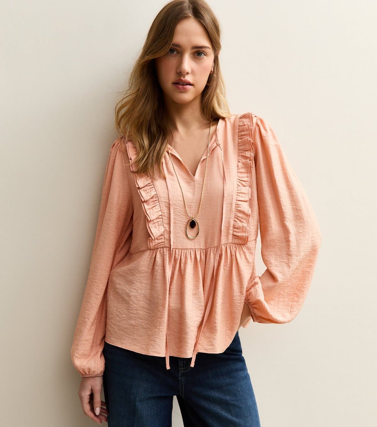 New Look Women's Pink Ruffle Tie Neck Long Sleeve Blouse New Look