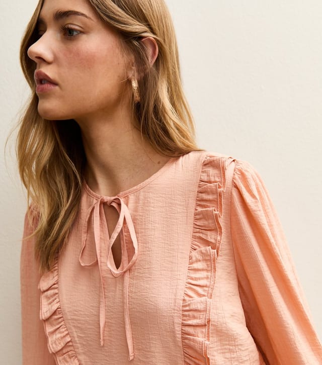 New Look Women's Pink Ruffle Tie Neck Long Sleeve Blouse New Look - 3