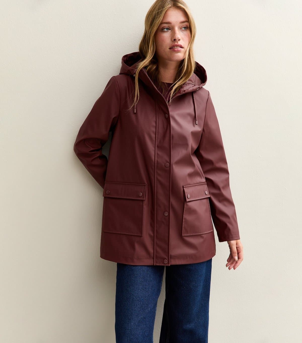 New Look Women's Burgundy Water Resistant Drawstring Hood Rain Anorak New Look