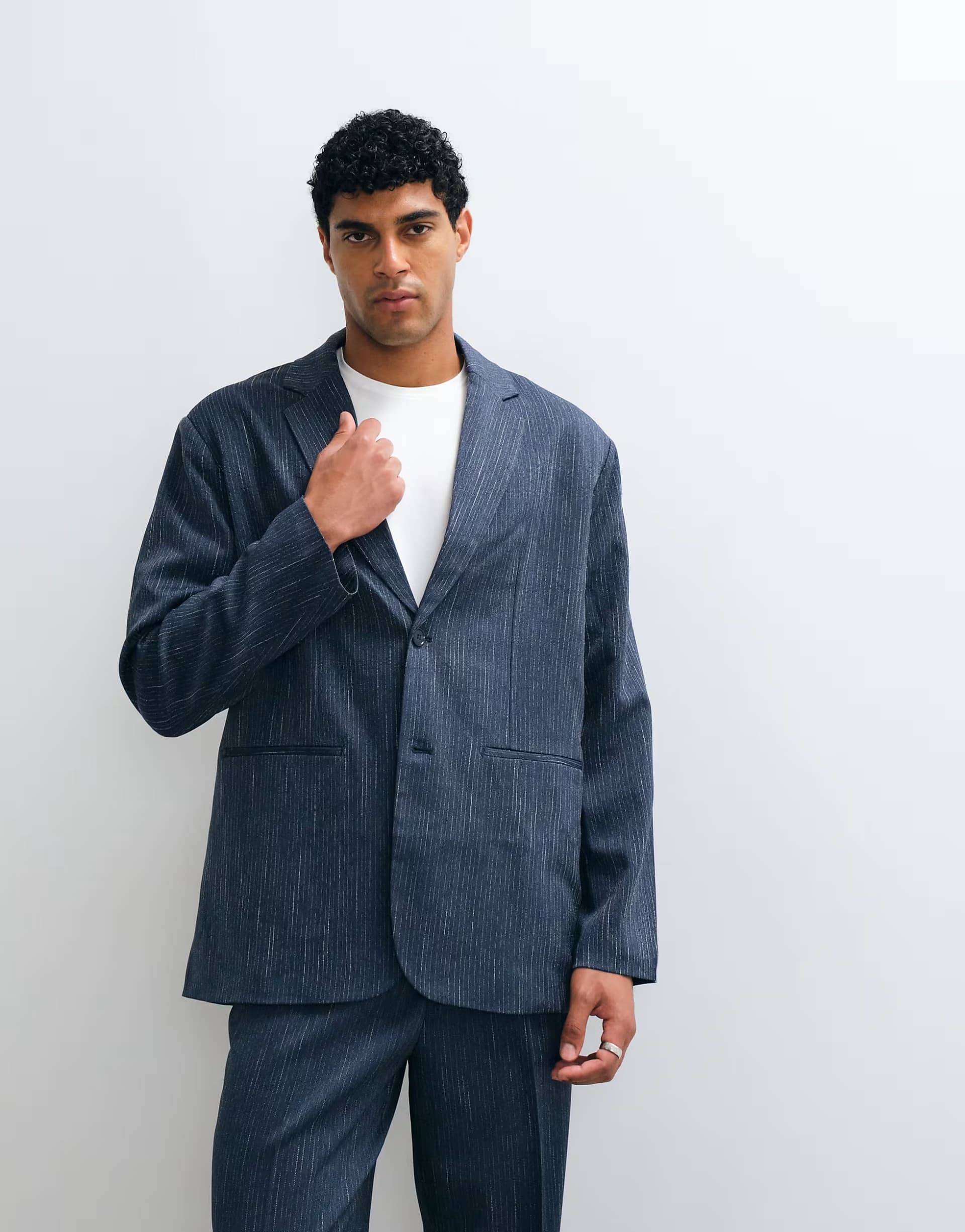 ASOS ASOS DESIGN oversized denim look suit jacket in navy pinstripe