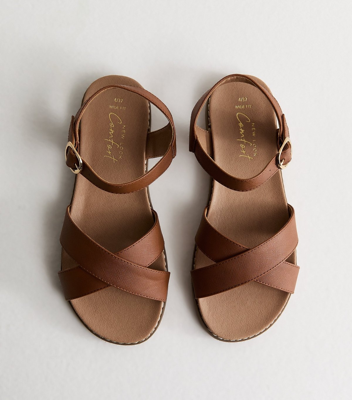 New Look Women's Wide Fit Tan Cross Over Flat Sandals Vegan New Look - 2