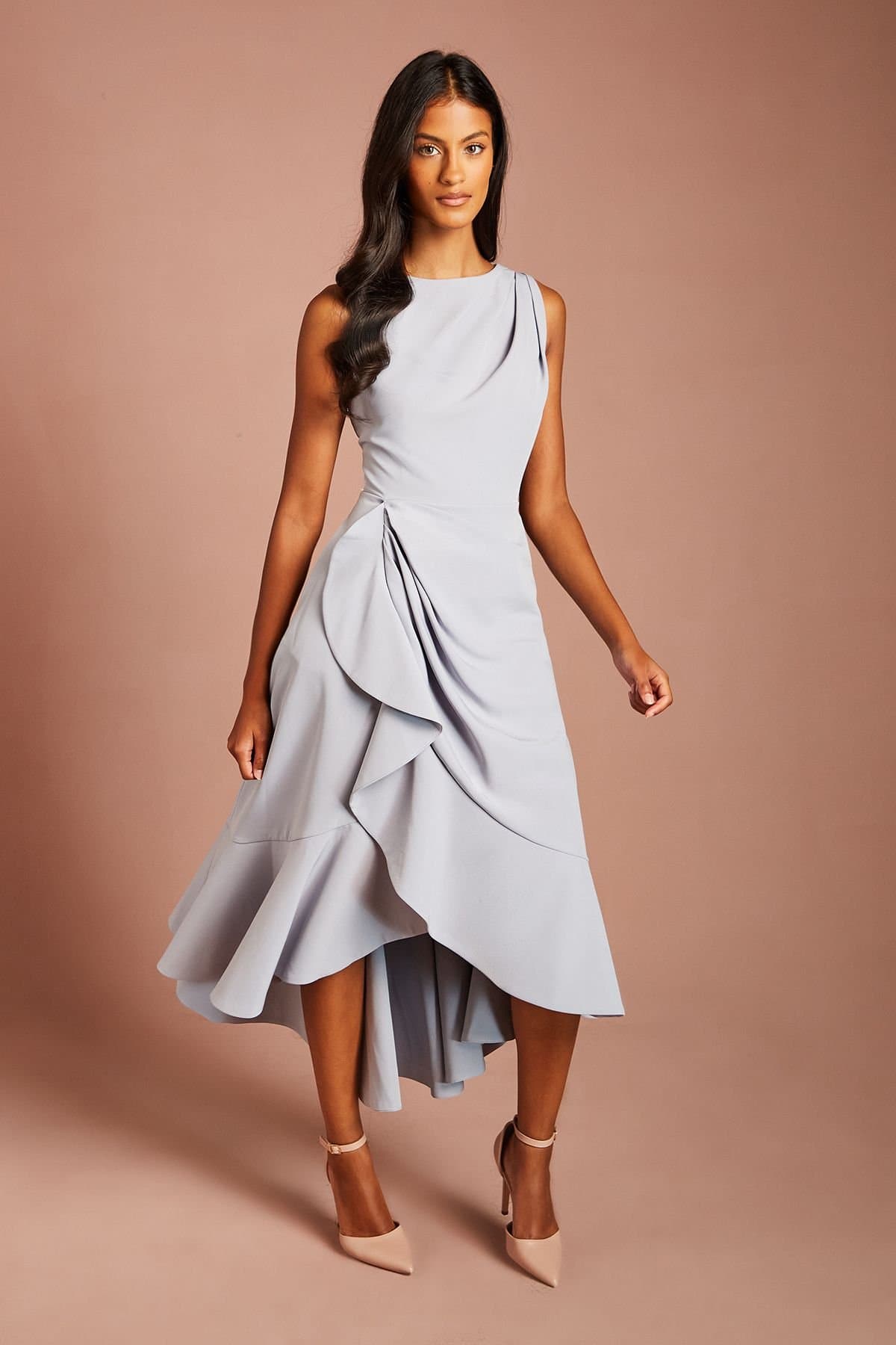 Coast Coast Women's Petite Crepe Ruffle Dress With Low Back in Grey Blue
