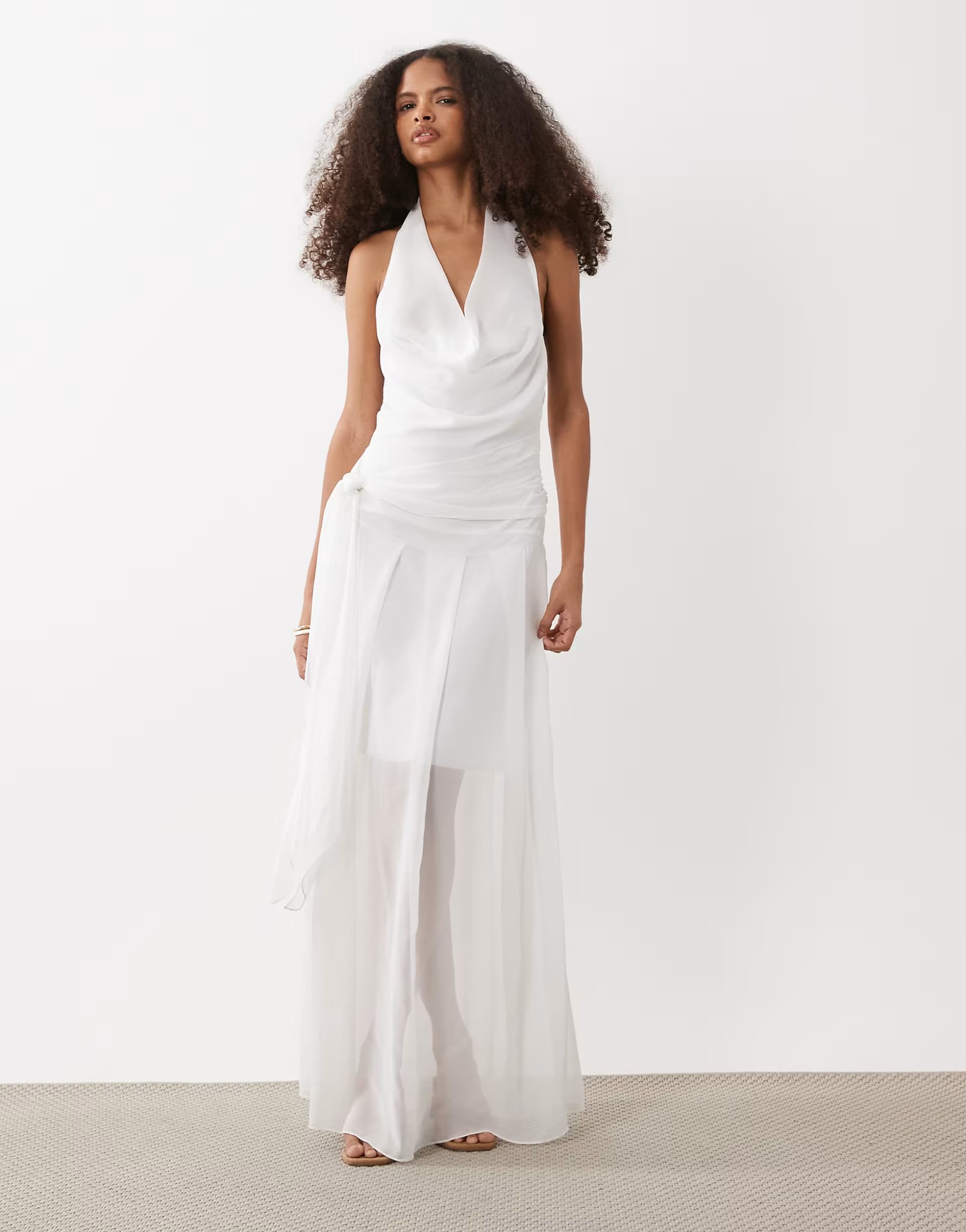 ASOS Fashionkilla exclusive chiffon halterneck cowl neck knot detail sheer hem maxi dress in white