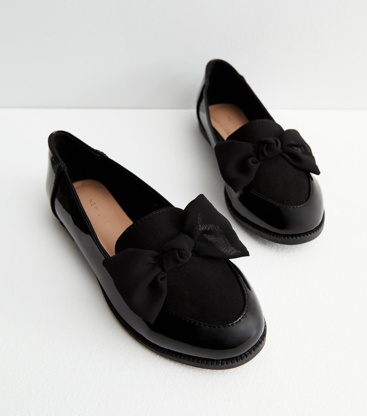 New Look Women's Black Patent Suedette Bow Loafers Vegan New Look