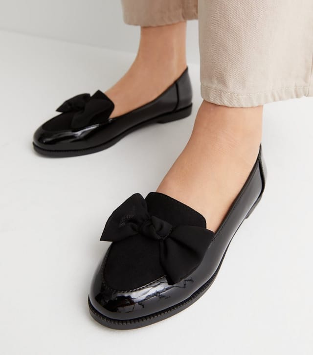 New Look Women's Black Patent Suedette Bow Loafers Vegan New Look - 2