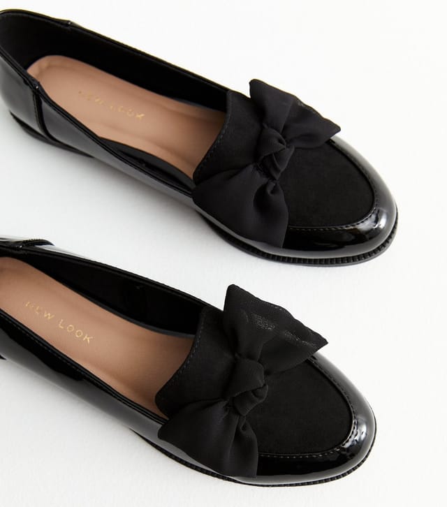 New Look Women's Black Patent Suedette Bow Loafers Vegan New Look - 3