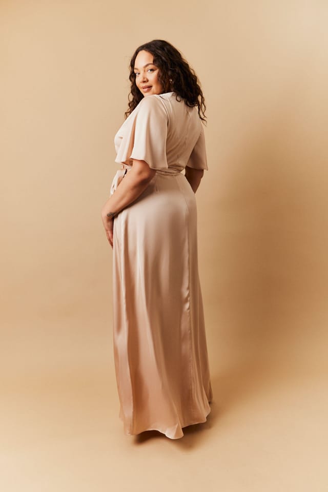 In The Style In The Style Women's Satin Wrap Tie Angel Sleeve Maxi Dress in Beige - 2