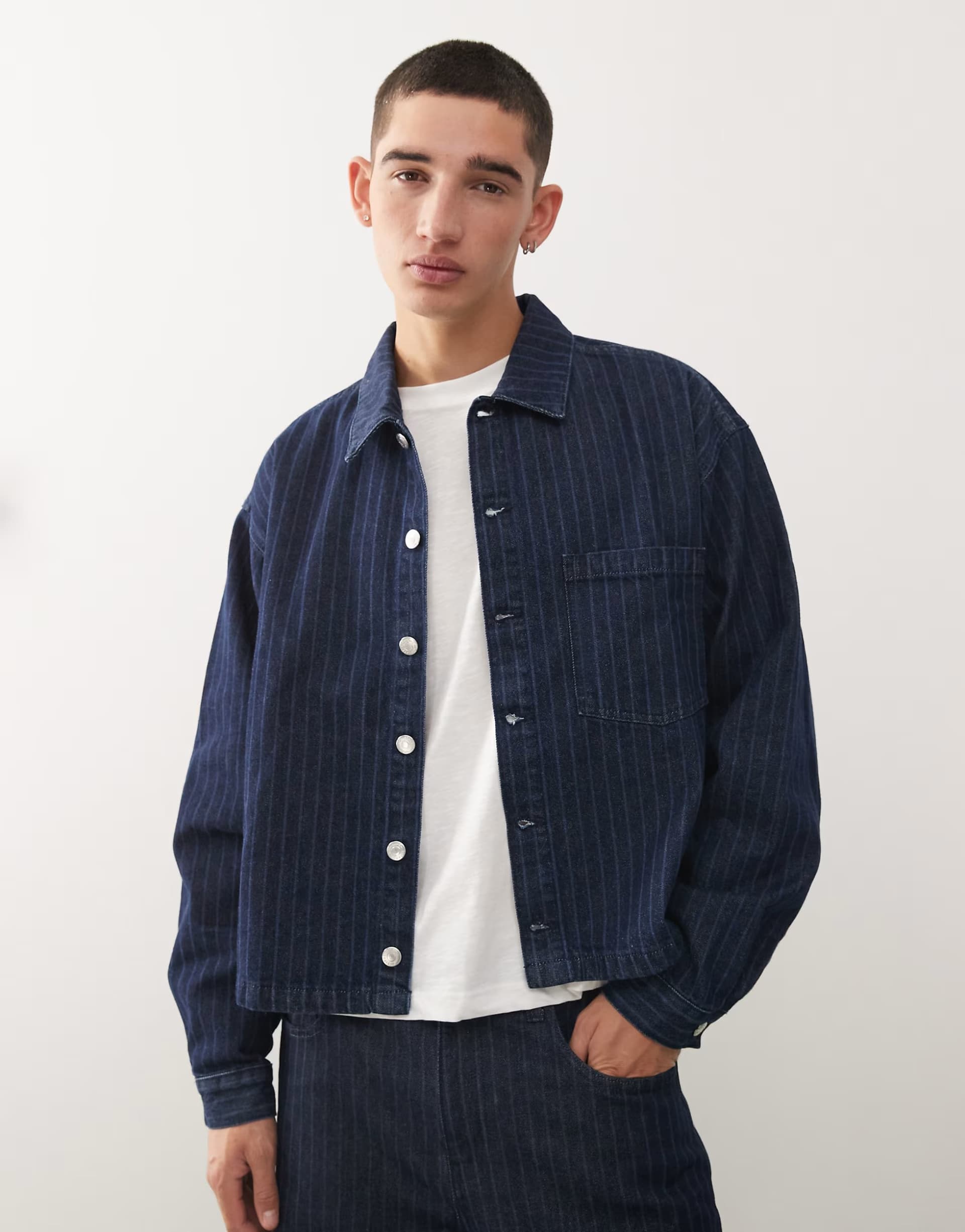 ASOS Reclaimed Vintage boxy denim jacket co-ord in blue pinstripe