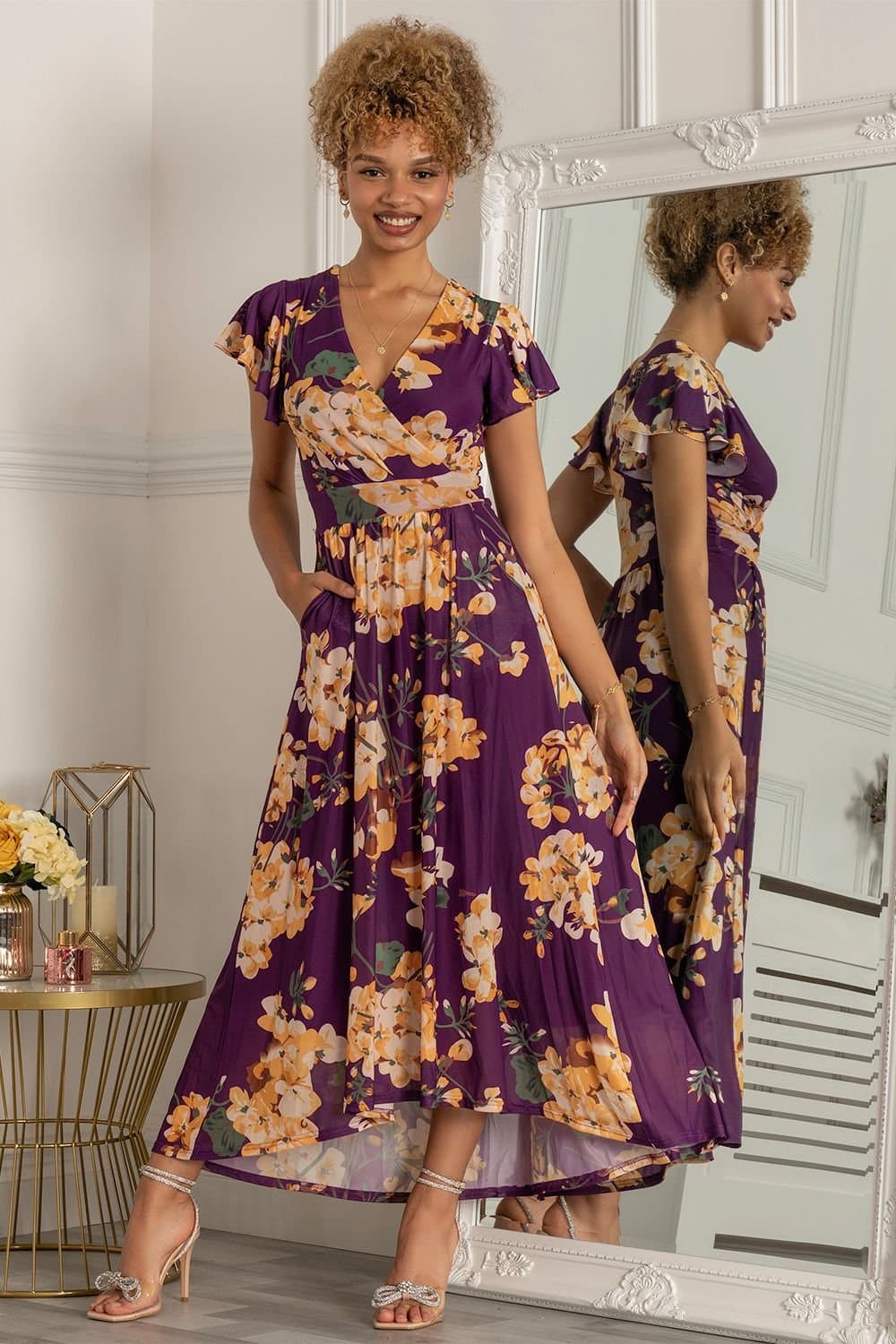 Jolie Moi Jolie Moi Women's Piper Dip Hem Mesh Maxi Dress in Dark Mauve