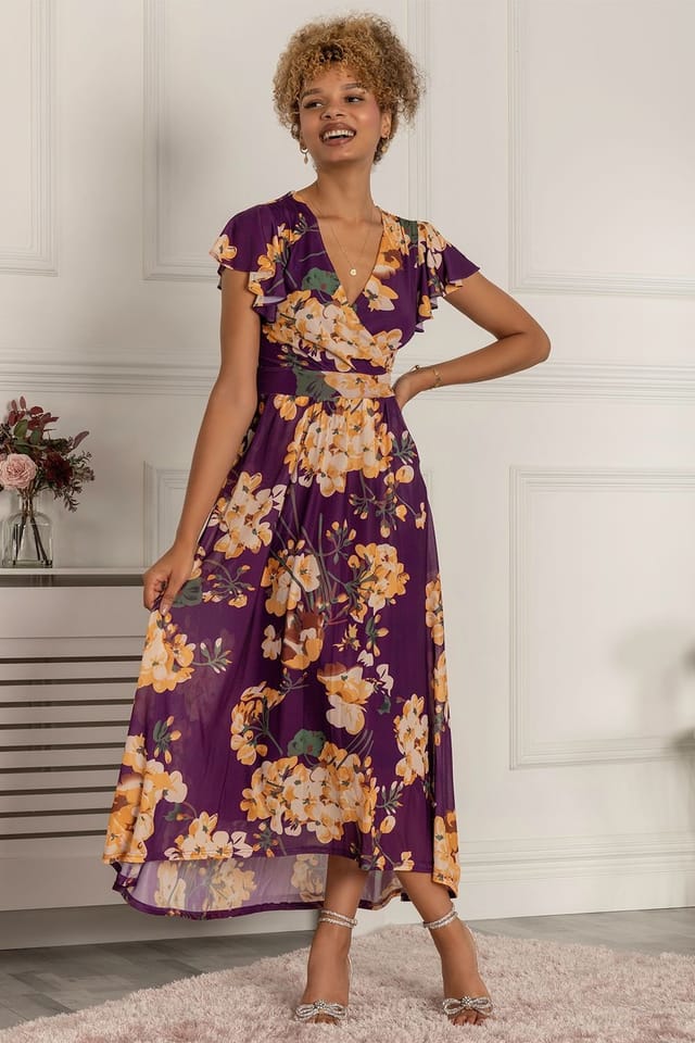 Jolie Moi Jolie Moi Women's Piper Dip Hem Mesh Maxi Dress in Dark Mauve - 3