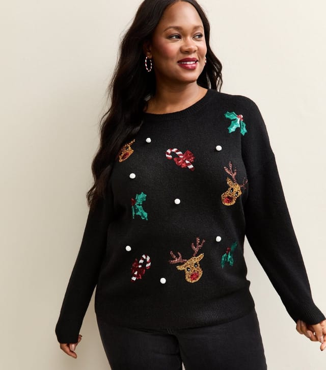 New Look Women's Plus Size Black Christmas Reindeer Sequin Jumper Curves New Look - 2