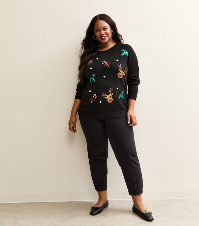 New Look Women's Plus Size Black Christmas Reindeer Sequin Jumper Curves New Look - 3