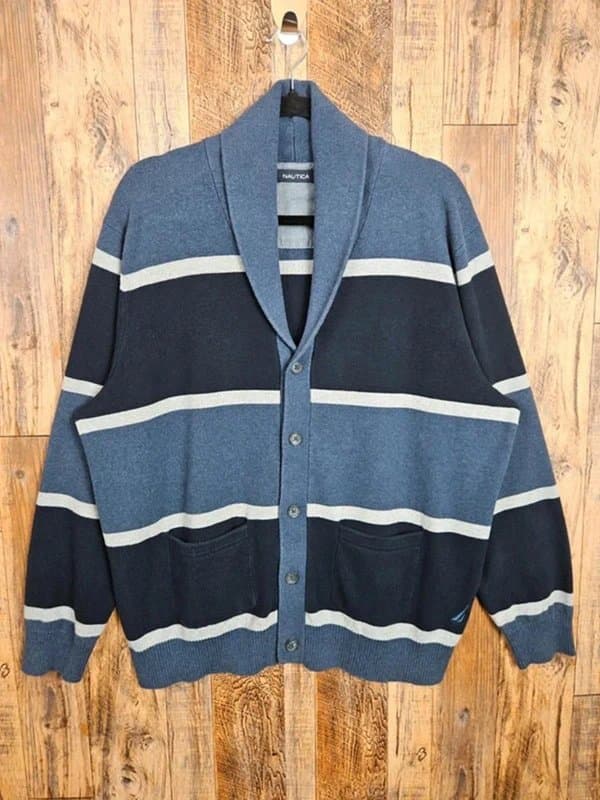 Nautica Nautica Shawl Collar Cardigan - Vintage Blue Striped Knit - XL