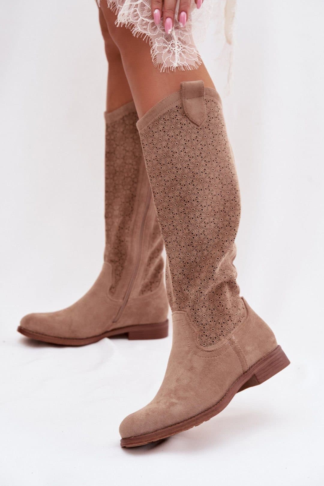 Love Lace Love Lace Women's SBarski Openwork Suede Tall Boots with Flat Heel Zip Closure in Beige