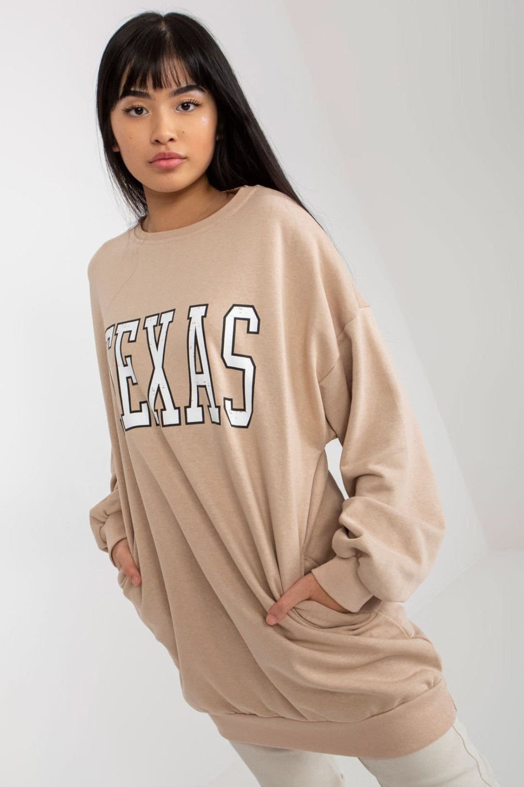 Love Lace Love Lace Women's Long Casual Cotton Blend Sweatshirt with Pockets in Beige