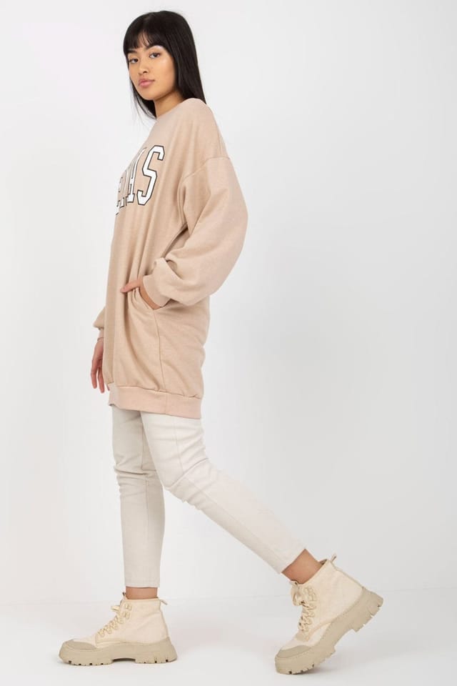 Love Lace Love Lace Women's Long Casual Cotton Blend Sweatshirt with Pockets in Beige - 3