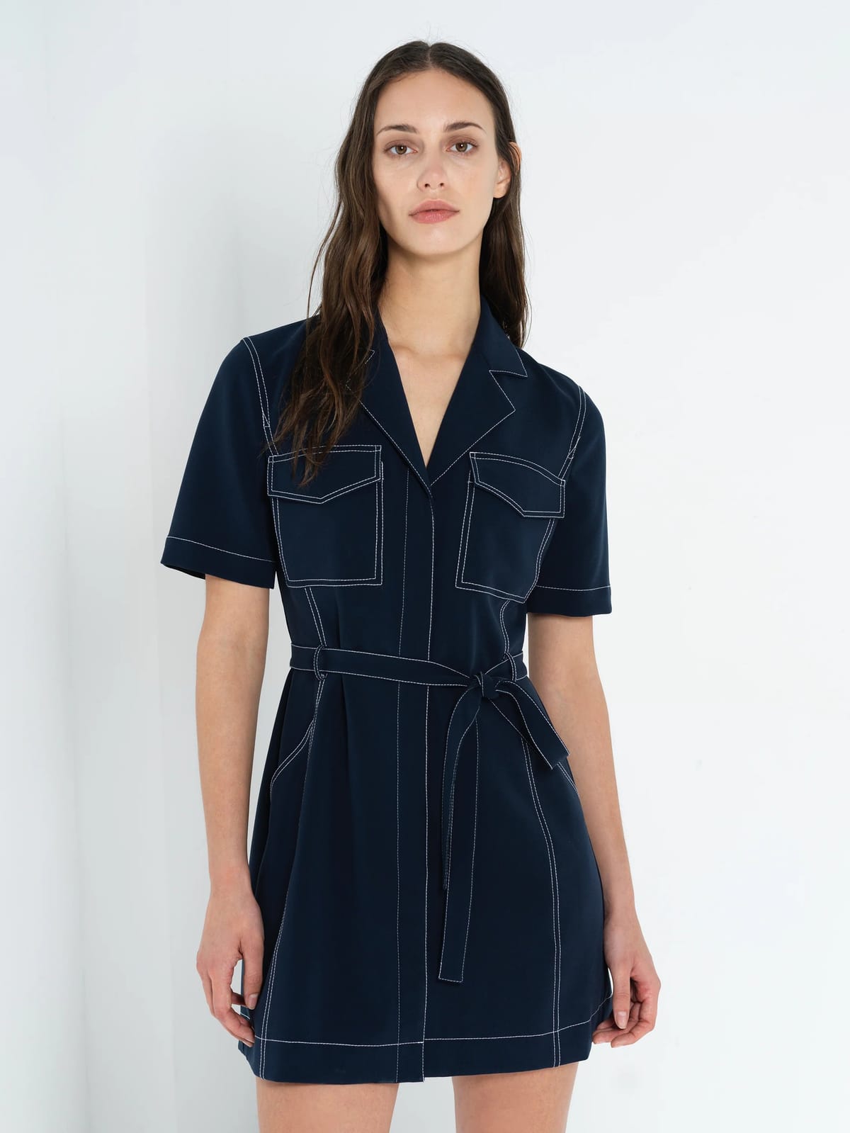French Connection Azra Contrast Stitch Belted Navy Blue Mini Dress New Navy/Porcelain Cream - 1