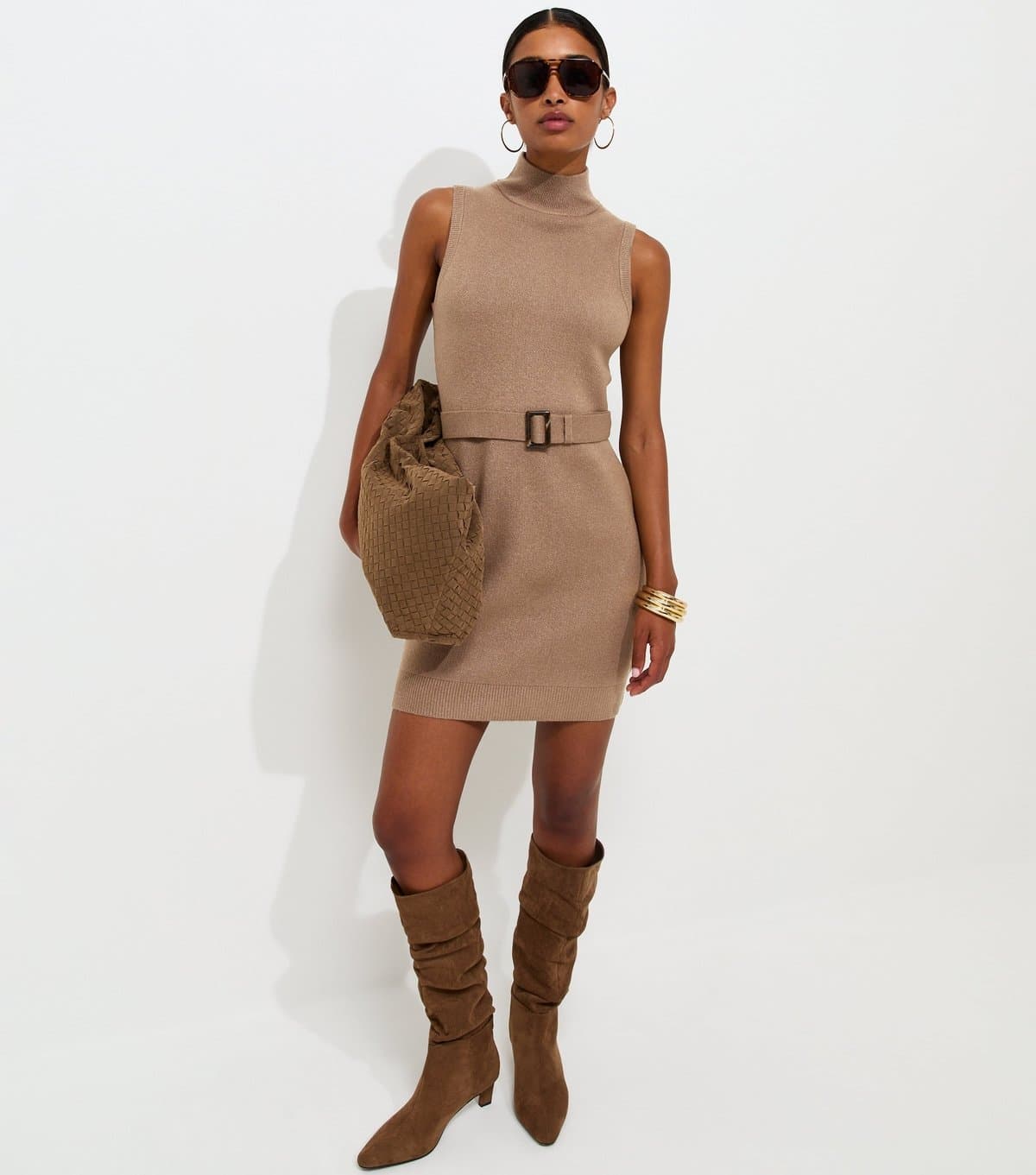 New Look Women's Mink Knit Belted Sleeveless Mini Dress New Look
