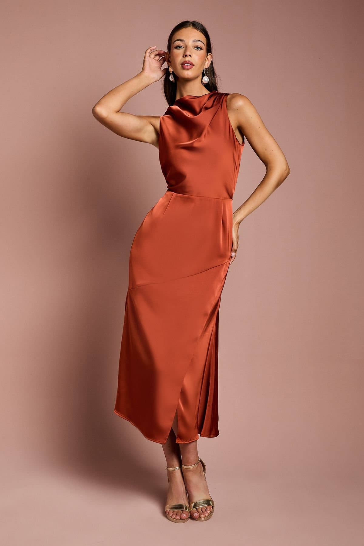 Coast Coast Women's Cowl Neck Sleeveless Satin Midi Dress in Bronze