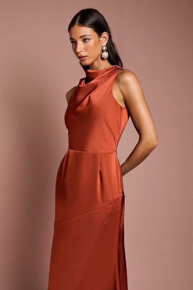 Coast Coast Women's Cowl Neck Sleeveless Satin Midi Dress in Bronze - 2