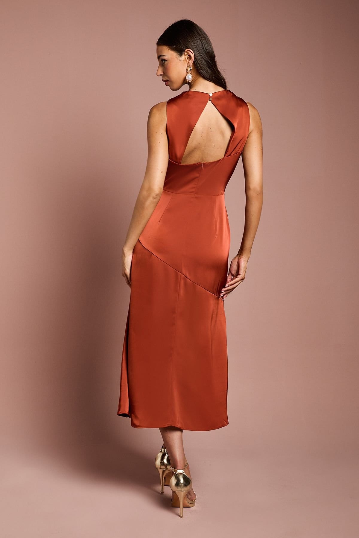 Coast Coast Women's Cowl Neck Sleeveless Satin Midi Dress in Bronze - 4