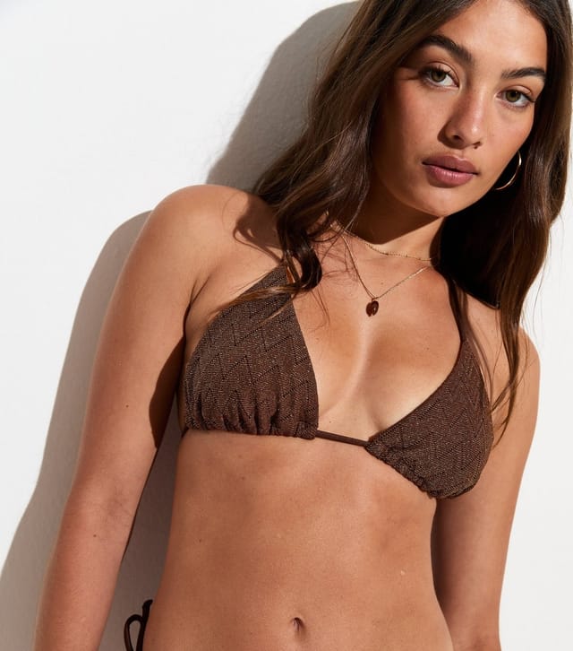 New Look Women's Dark Brown Glitter Chevron Crochet Triangle Bikini Top New Look - 3