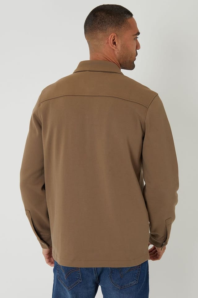 Threadbare Threadbare Men's Cotton Blend Popper Fastening Pique Shacket in Taupe - 2