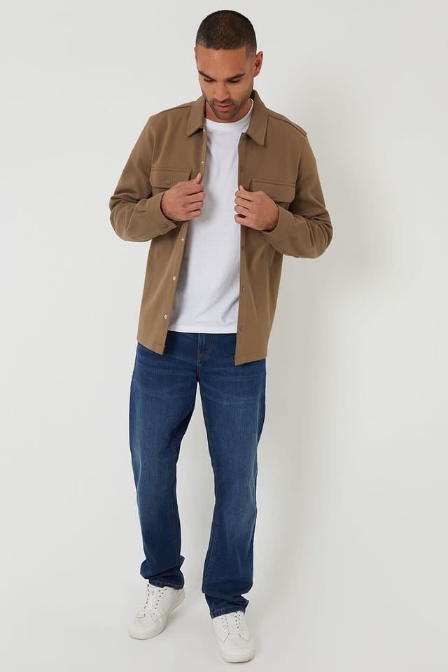 Threadbare Threadbare Men's Cotton Blend Popper Fastening Pique Shacket in Taupe - 3