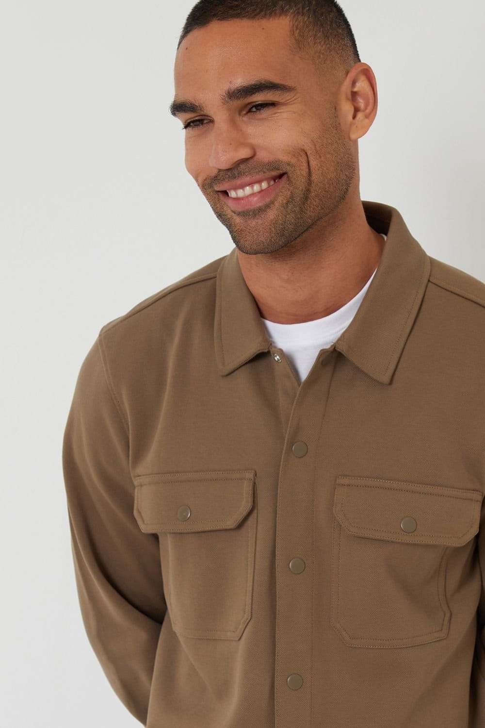 Threadbare Threadbare Men's Cotton Blend Popper Fastening Pique Shacket in Taupe - 4