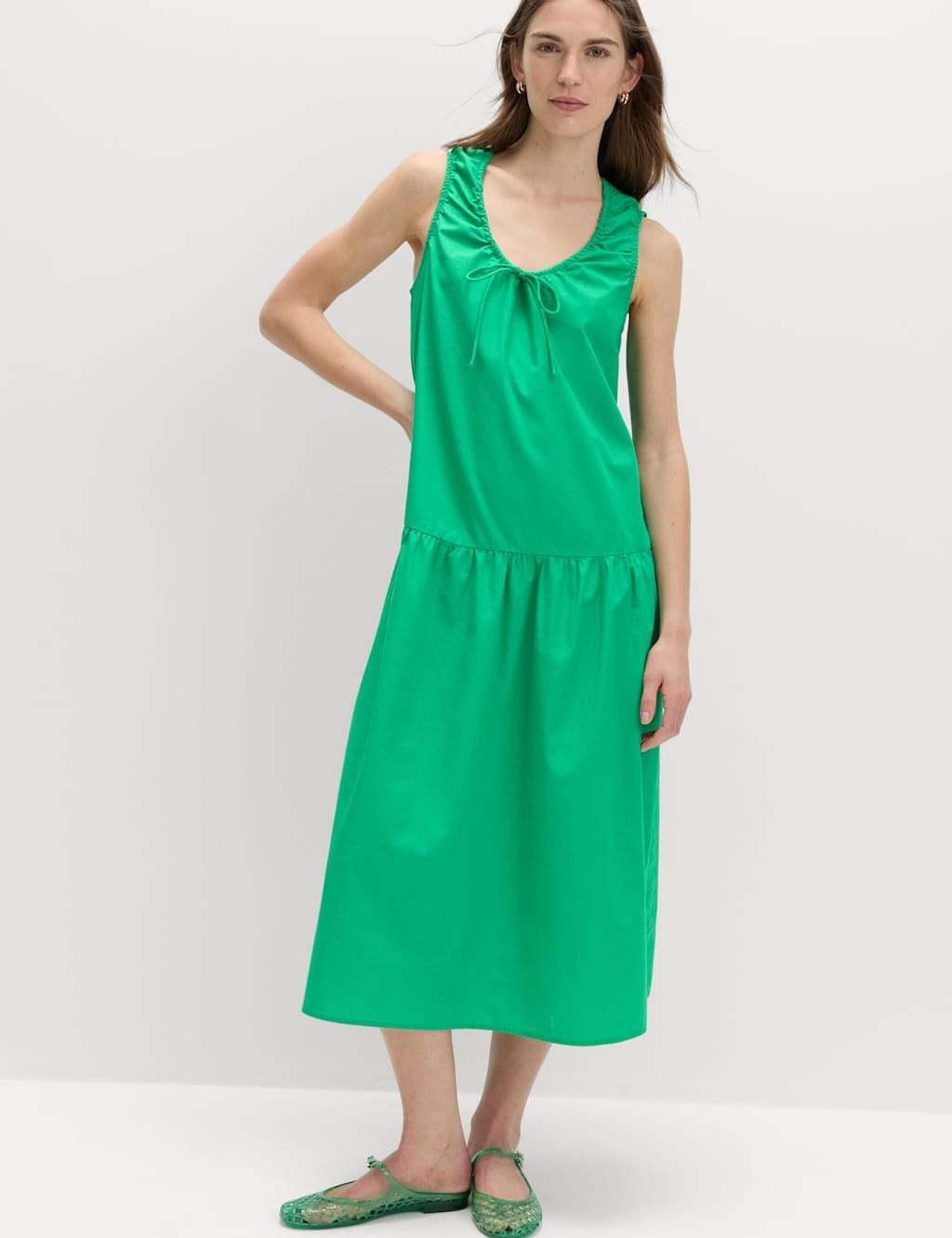 M&S Green Cotton Midi Tiered Dress