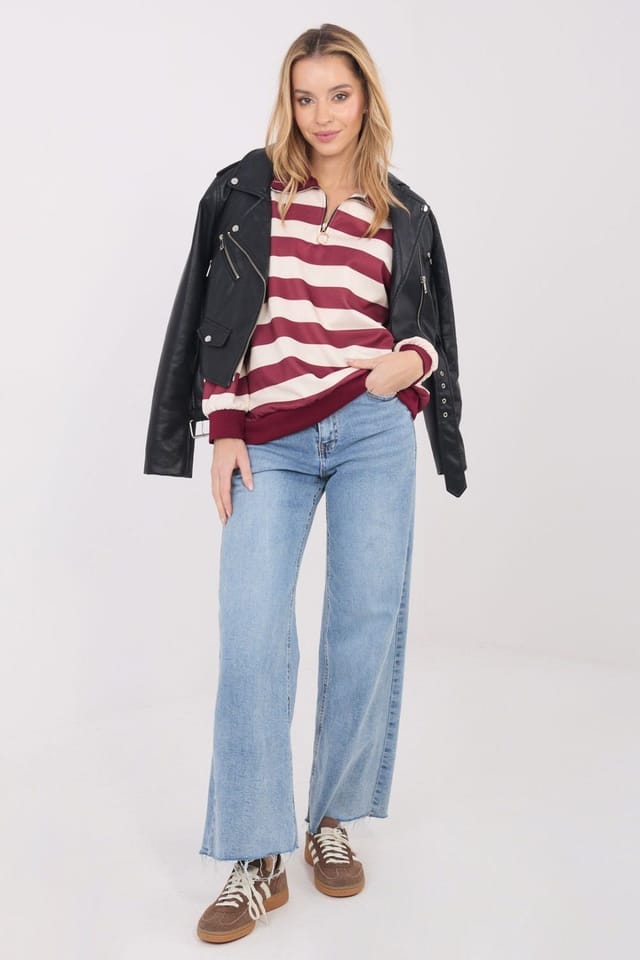 Love Lace Love Lace Women's Viscose Elastane Striped Long Sleeve Zip Blouse in Red - 2