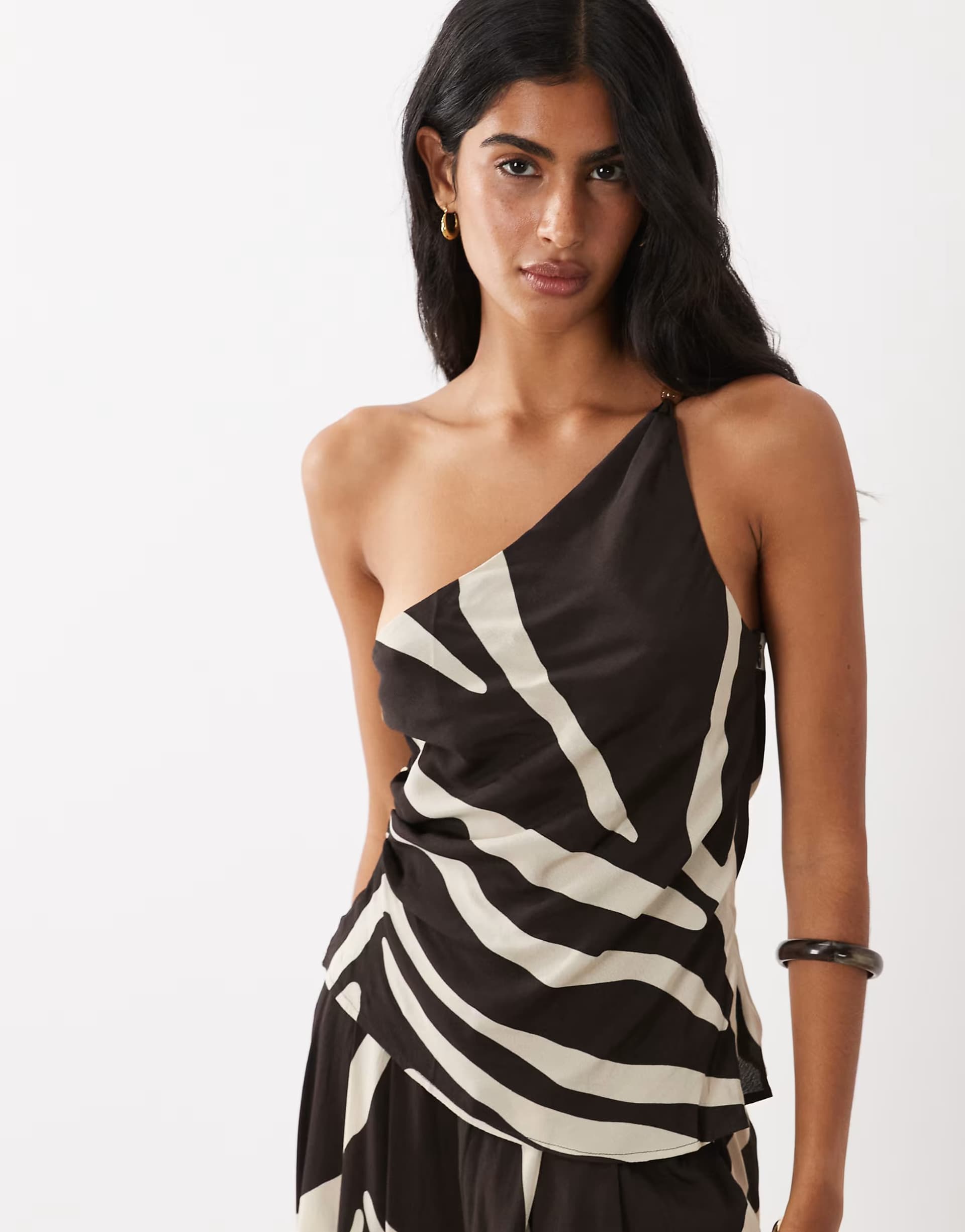 ASOS Mango Cuca one shoulder beaded top co-ord in neutral zebra print